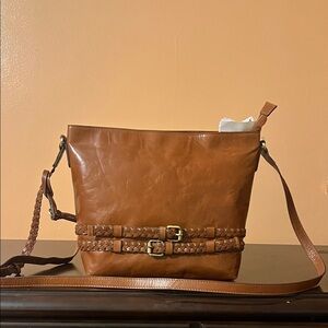 Lodis Tan Leather Crossbody Bag with Braided Detail